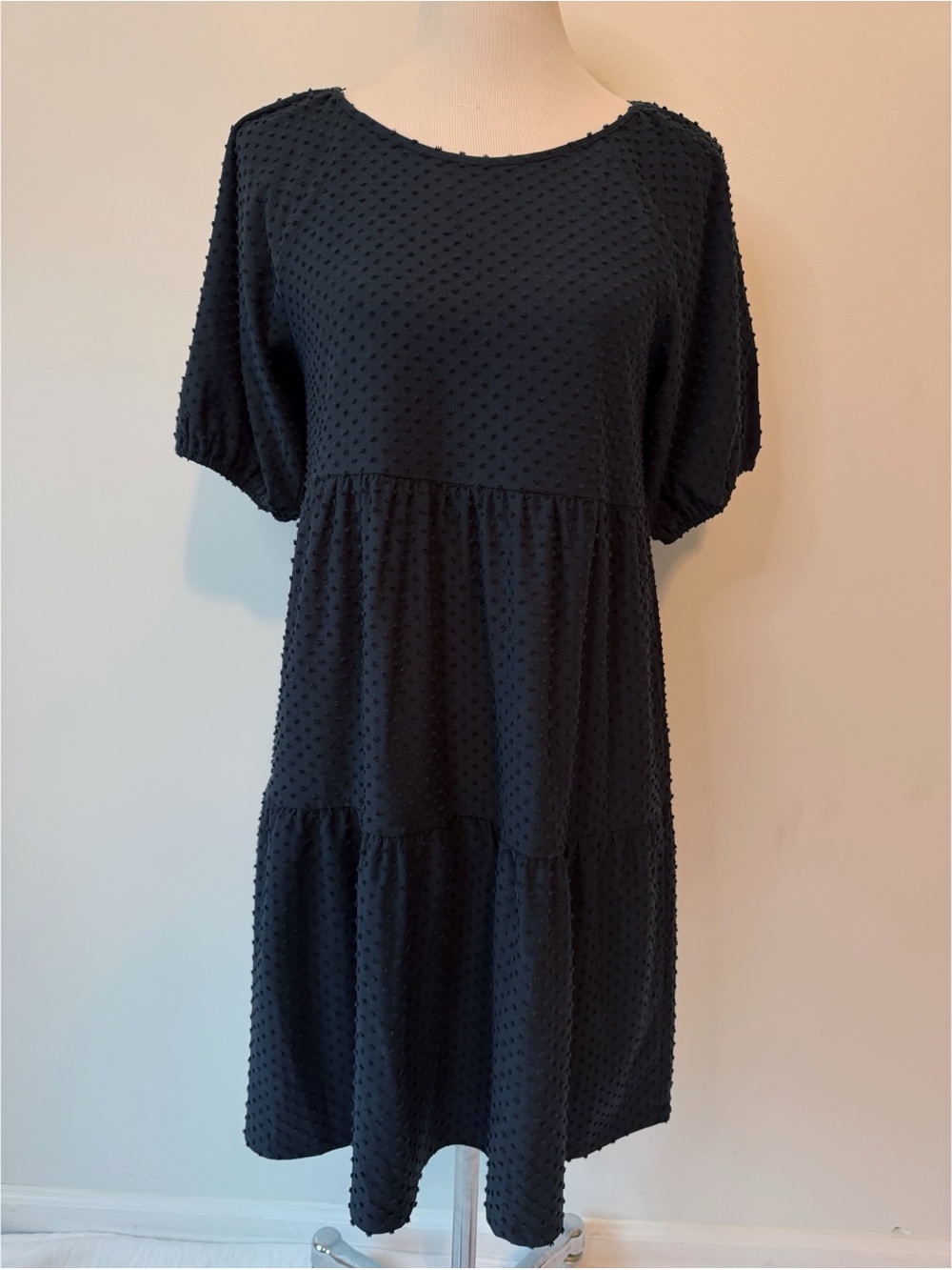 J Crew NWT Black Swiss Dot Scoop Neck Tiered Fit Flare Dress Raglan Sleeve, S